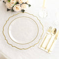 Clear decorative plate with gold trim set on elegant table setting.