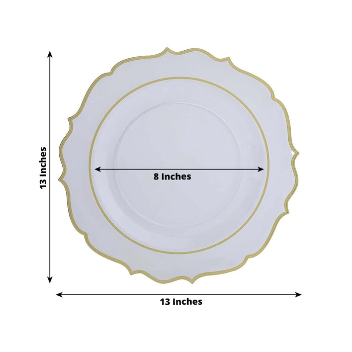 White decorative plate with gold trim, 13 inches in diameter.