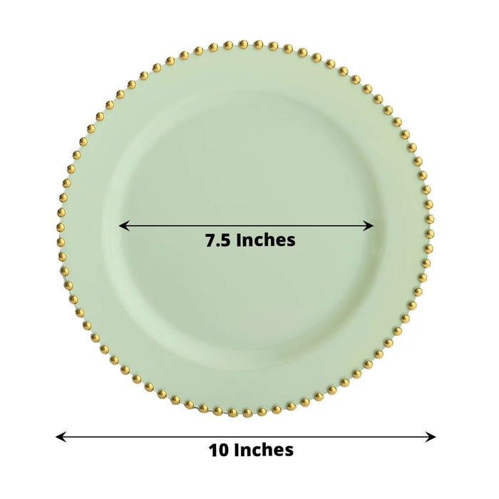 Mint green plate with gold beaded rim, 7.5 inches diameter.