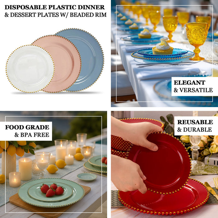 Elegant disposable plastic dinner and dessert plates with beaded rim.