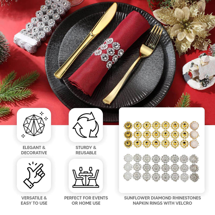 Sunflower diamond rhinestones napkin rings with Velcro for elegant table settings.