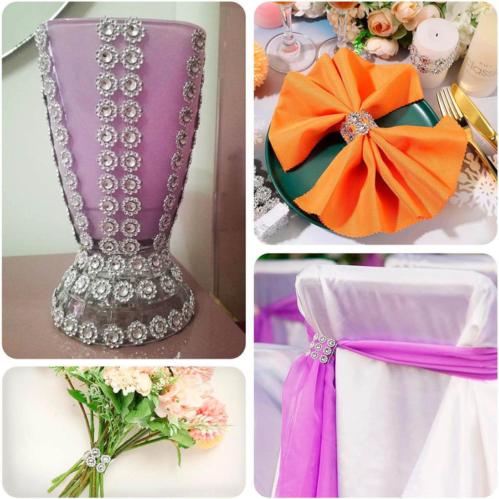 Decorative purple vase with embellishments, floral arrangements, and table settings.