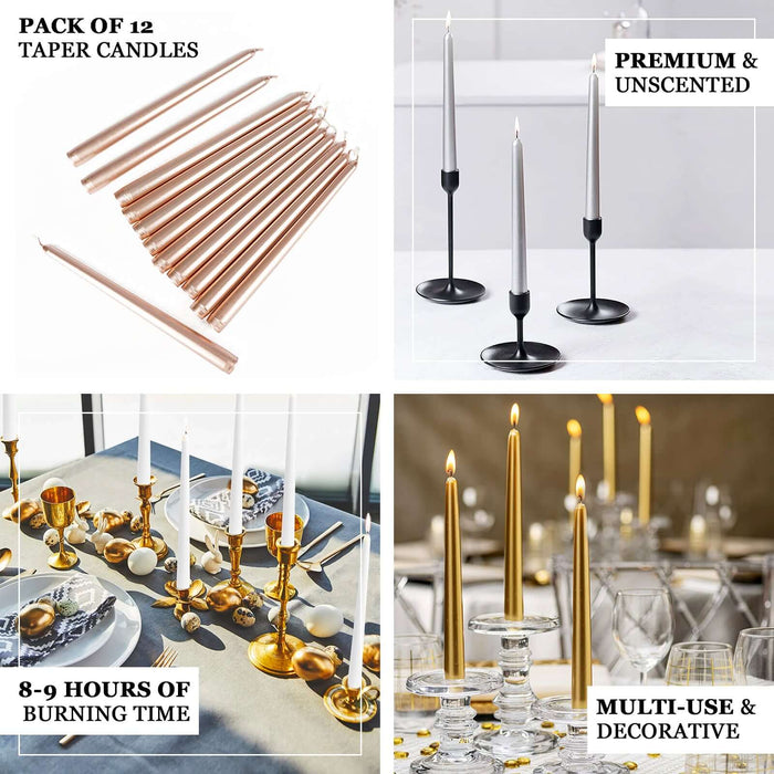 Pack of 12 unscented taper candles in various colors and styles for decorative use.