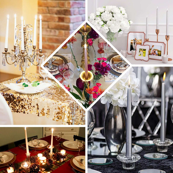 Elegant candle holders and floral table settings for festive dining occasions.