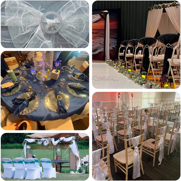 Elegant wedding decor with table settings, chairs, and floral arrangements in various setups.