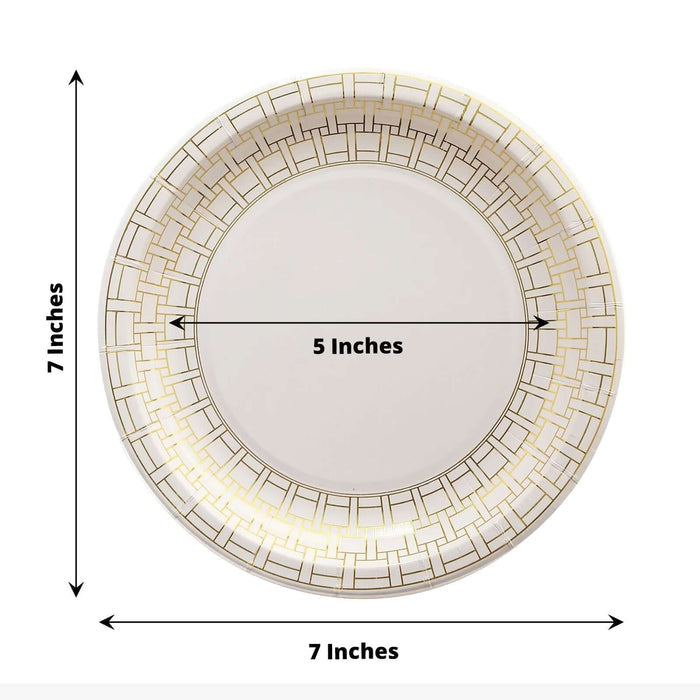 Gold geometric pattern porcelain plate, 7 inches diameter, 5 inches inner diameter.