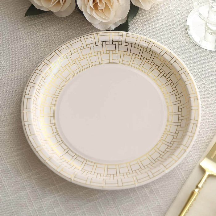 Elegant gold-accented paper plate with intricate geometric design.