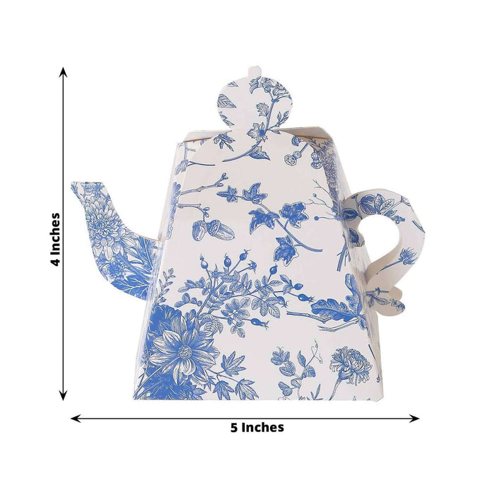 Blue floral teapot design, 4 inches tall and 5 inches wide.
