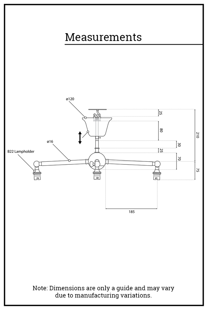 Dimension illustration of the three straight arm flush mount fixture