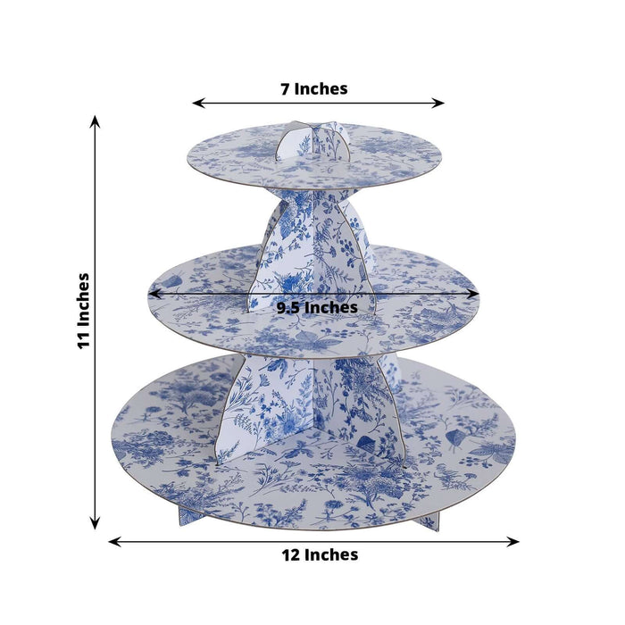 Three-tiered cake stand with floral design, 12 inches wide and 11 inches tall.