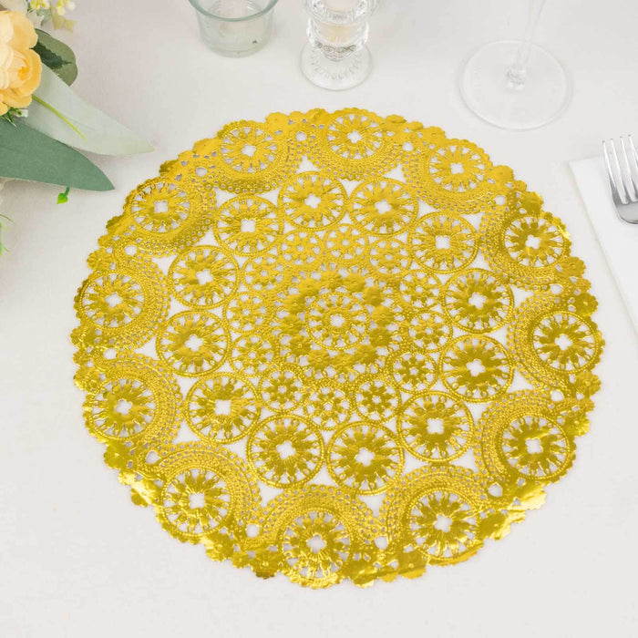 Gold lace doily on a table setting for elegant decor.