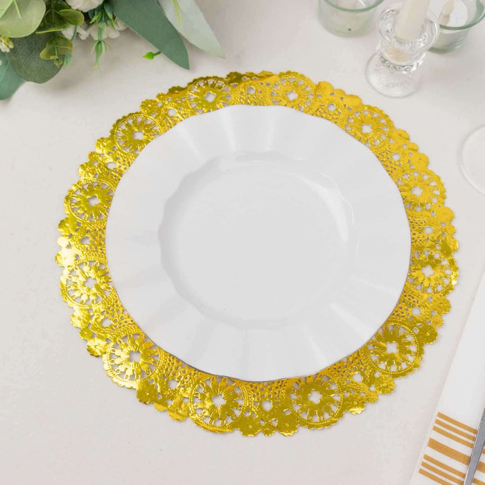 Gold lace decorative charger plate with a white dinner plate on top.