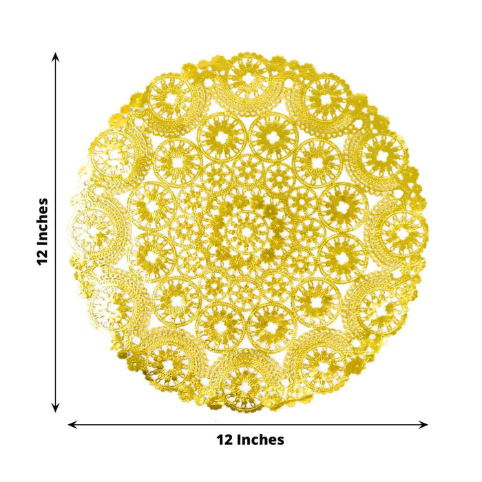 Gold lace doily, 12 inches in diameter, intricate design.