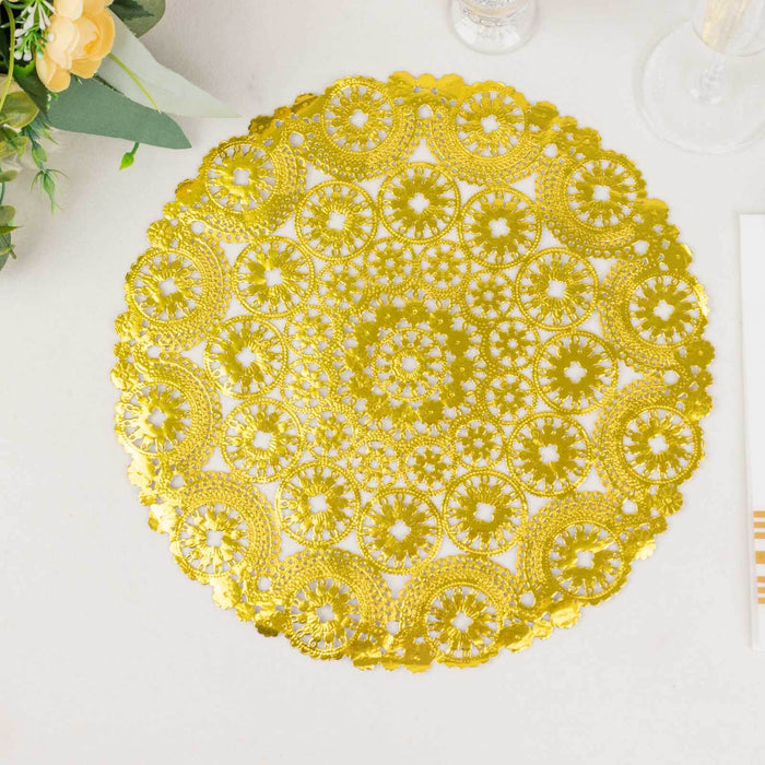 Gold decorative lace doily on a table.