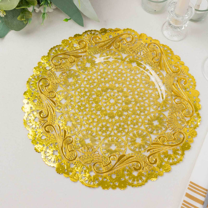Gold decorative plate with intricate lace design.