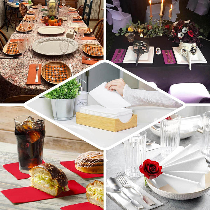 Elegant dining table setups with decorative napkins and tableware.