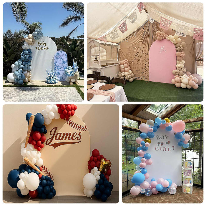 Balloon arch decorations for baby shower themes, featuring various color schemes.