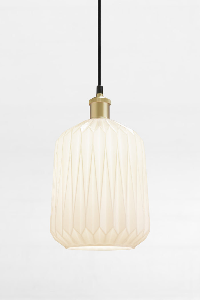 opal shade with geometric design on a black pendant cord and gold/brass lampholder.