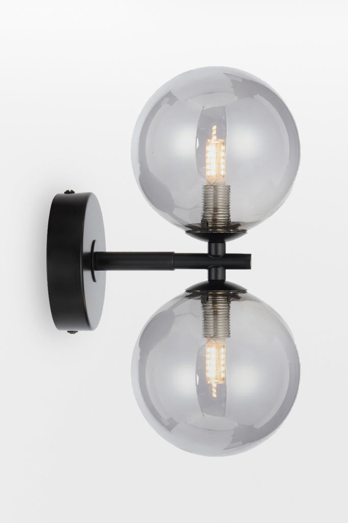 Black double up/down lampholder wall light with smoke finish.