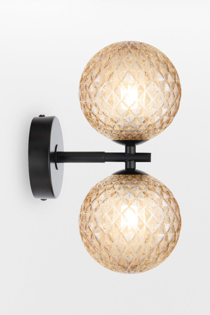 Black double up/down lampholder wall light with Amber tear finish.