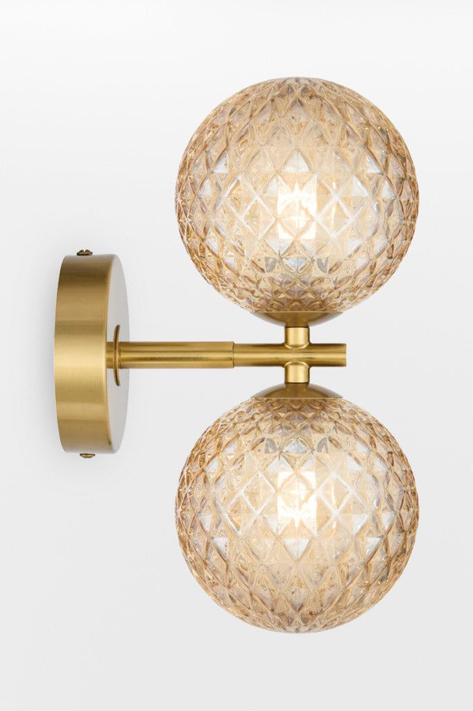 Gold double up/down lampholder wall light with Amber tear finish.