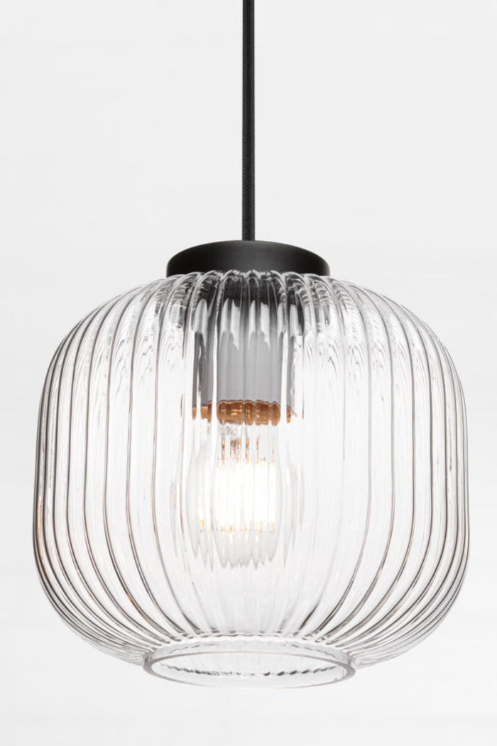 clear reeded glass shades and black cord.