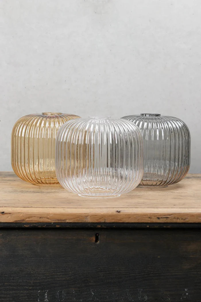 Three finishes of reeded glass shades: Grey, Amber and Clear.