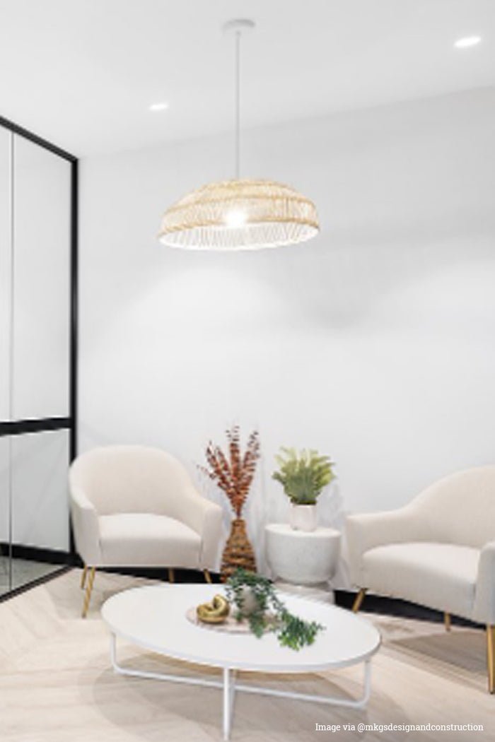 Image via @mkdesignandconstruction Rattan pendant light in meeting room.