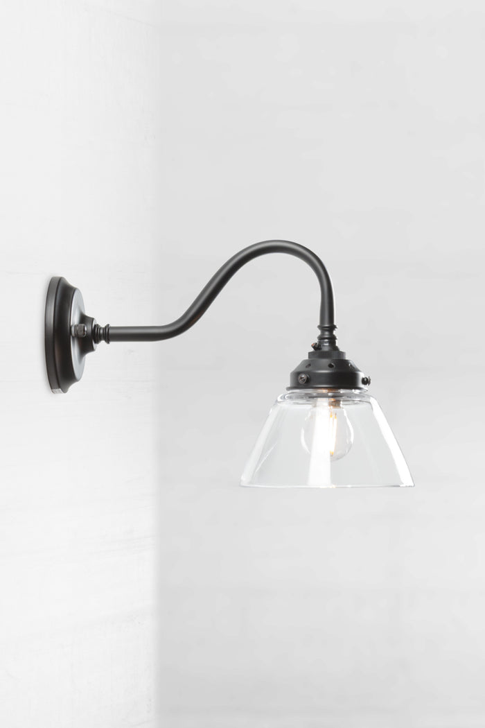 Belmont clear Glass on black Gooseneck Wall Light