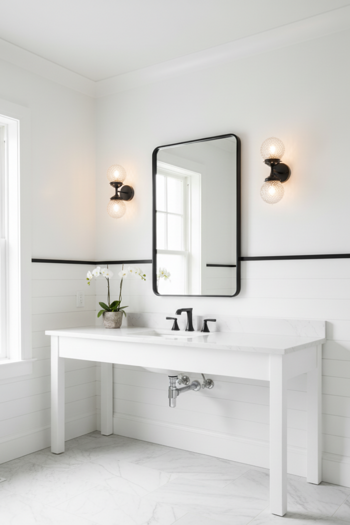 Modern bathroom with white vanity, mirror, and double scone wall lighting scones with decoartive glass.