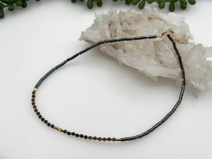 Black Obsidian, Smoky Quartz & Hematite Necklace