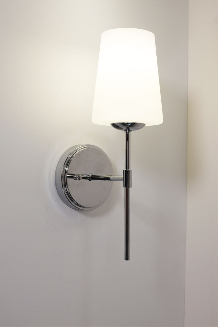 Chrome wall light with white shade