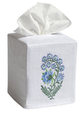 Blue Fleur Embroidered Linen-Cotton Tissue Box Cover — embroidered cover fitted over a separate tissue box
