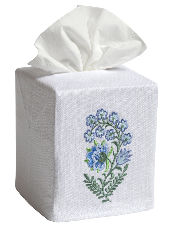 Blue Fleur Embroidered Linen-Cotton Tissue Box Cover — embroidered cover fitted over a separate tissue box