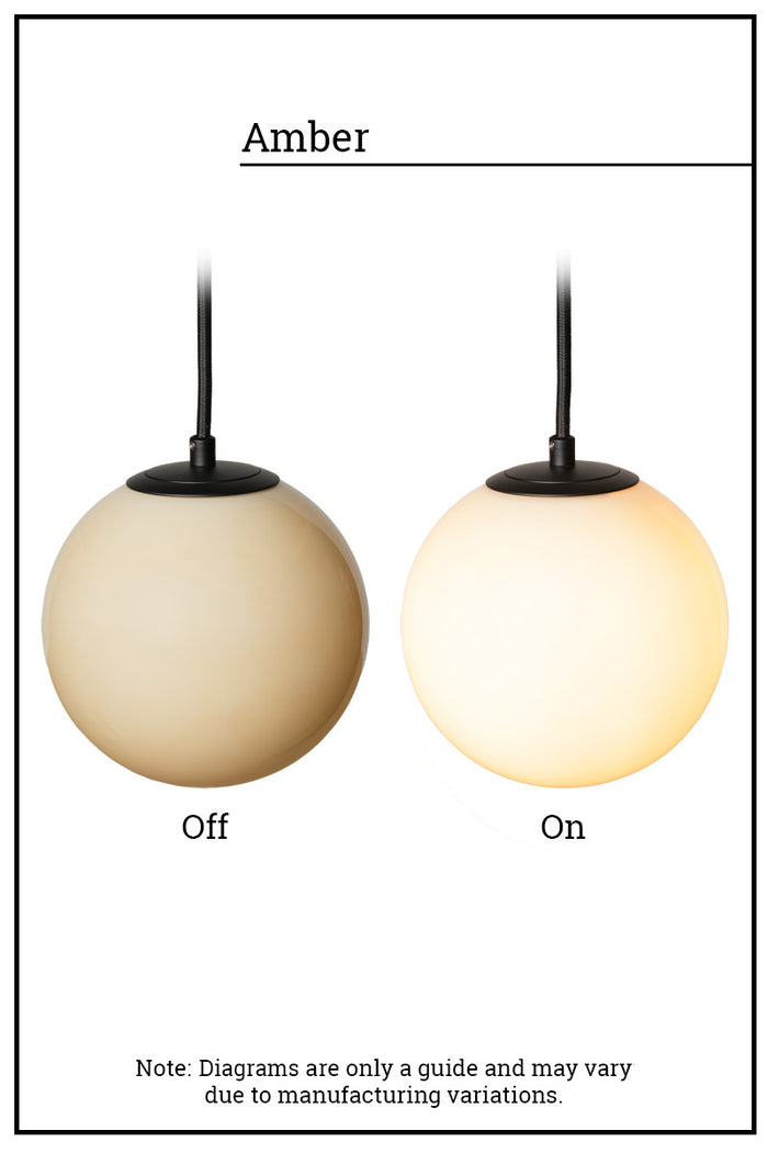 Side by side still image of the amber shade when illuminaed and when not.