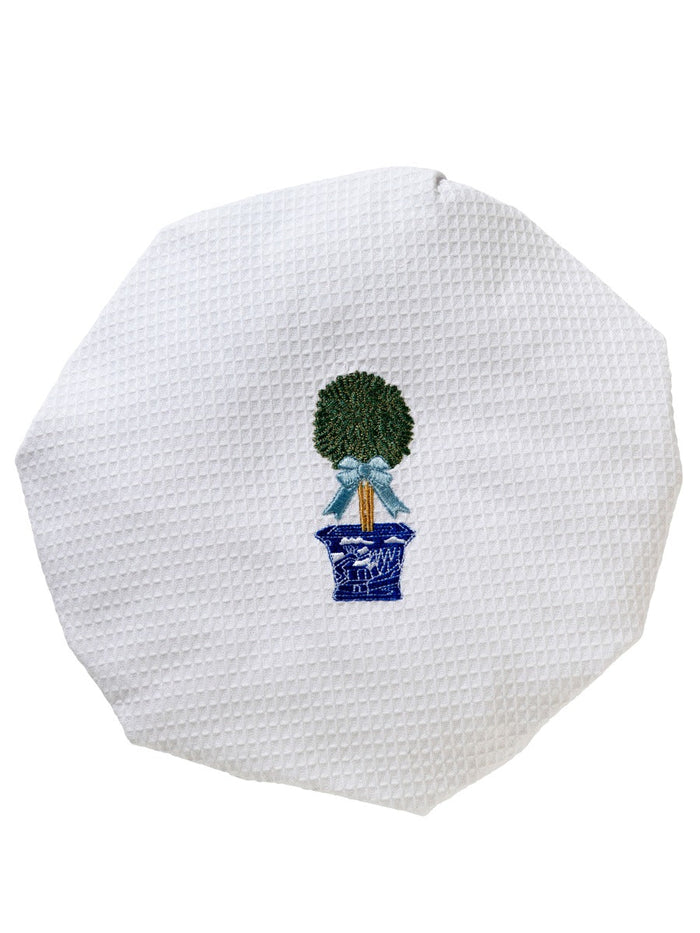 Boxwood Topiary Embroidered Waffle-Weave Shower Cap — waffle-weave shell and embroidered detail
