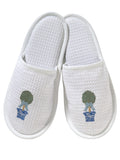 Boxwood Topiary Embroidered Waffle-Weave Slippers — embroidered textile and product presentation