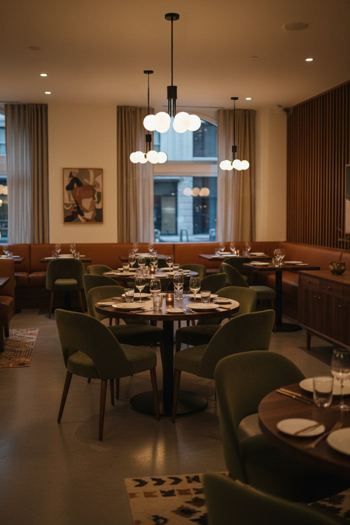 Multi light glass ball pendants on black fixtures in a resturant setting.