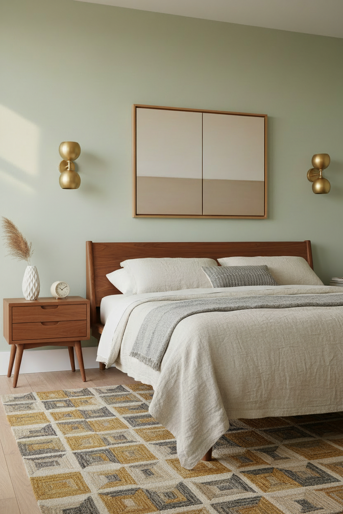 gold brass bulb wall lights in a mid century modern bedroom