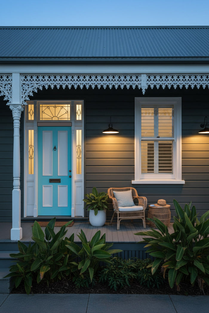 A front porch of a house with two Bullpit shade on an extra large outdoor gooseneck wall sconce, shown as an entrance light of a frontdoor with dark gray siding, a bright turquoise door, white decorative trim, warm wall lights, a wicker chair