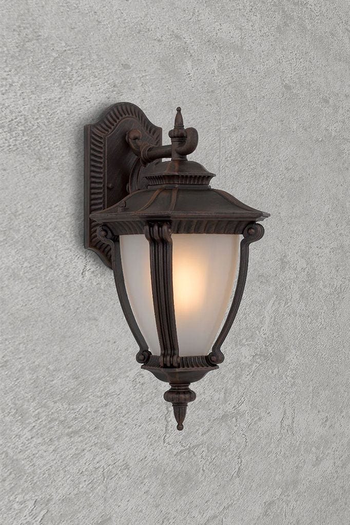 Outdoor wall light in antique bronze finish.