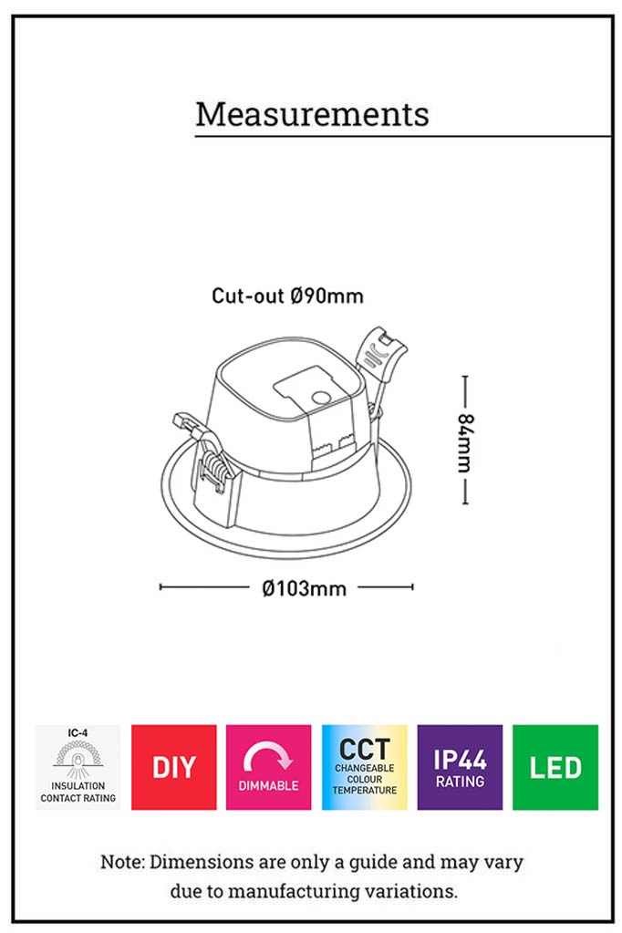Illustration of Coes downlight showing measurements.