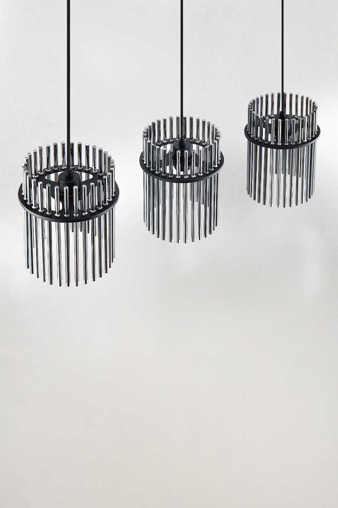 Close up of the three shades of the Chrysler Multi Light Pendant, with a top view.