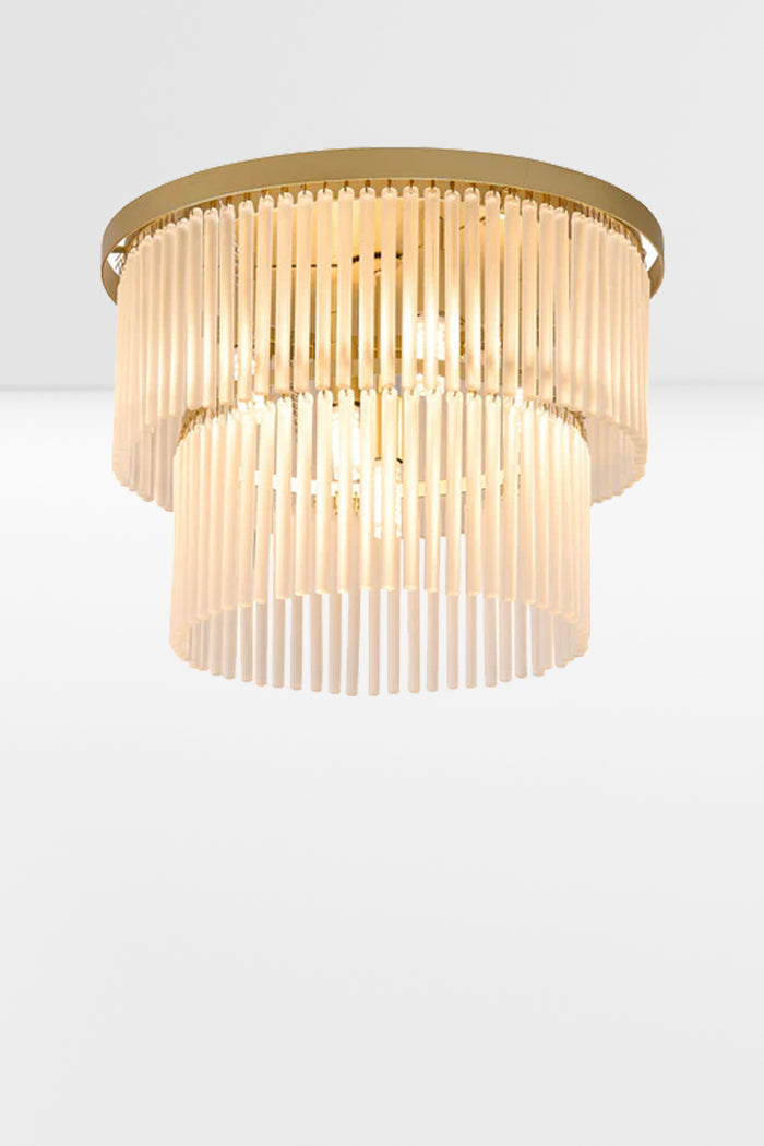 Tiered ceiling light with frosted glass steams and gold finished metalware.
