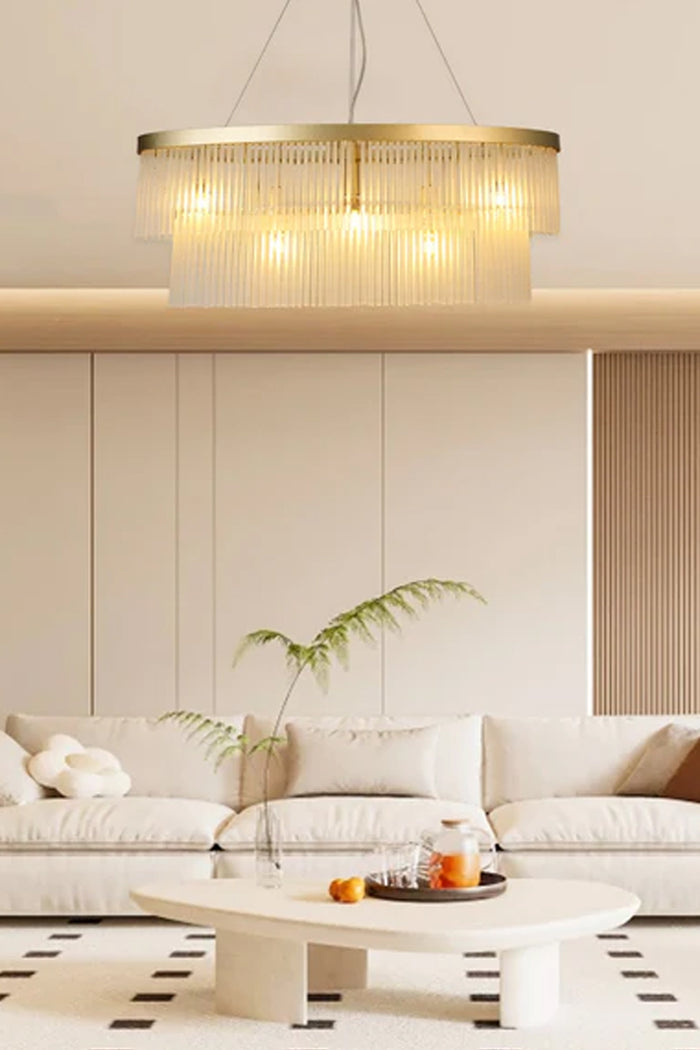 Large 5 light lass rod chandelier in a living space.