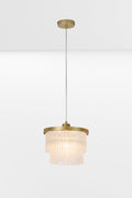 1 light, 2 tier glass rod chandelier with gold metal ware.
