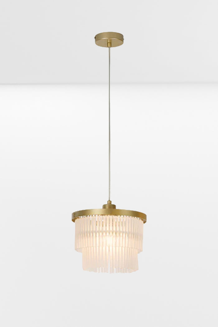 1 light, 2 tier glass rod chandelier with gold metal ware.