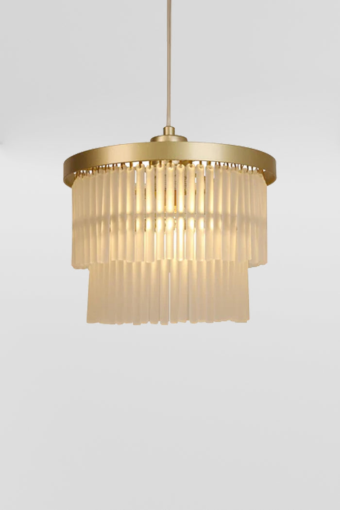 1 light, 2 tier glass rod chandelier with gold metal ware- light on.
