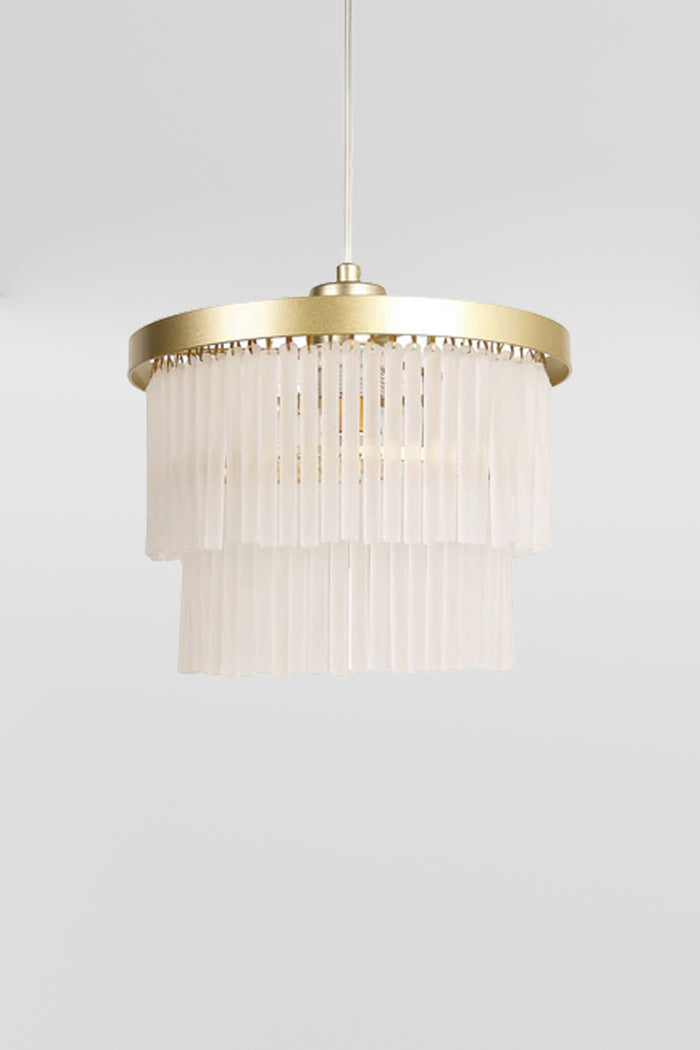 Close up of the 1 light, 2 tier glass rod chandelier with gold metal ware.