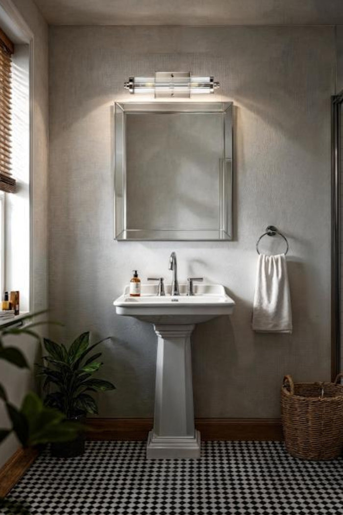 Brushed Nickel wall sconce with clear reeded glass over a mirror in a classic bathroom.